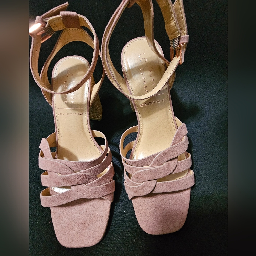LC Lauren Conrad Womens Memory Foam Blush Suede Ankle Strap Woven Heel, Size 7.5 - Picture 3 of 11
